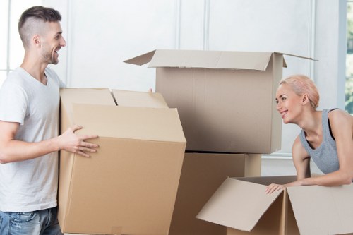 Packed household boxes ready for a house move in Dagenham