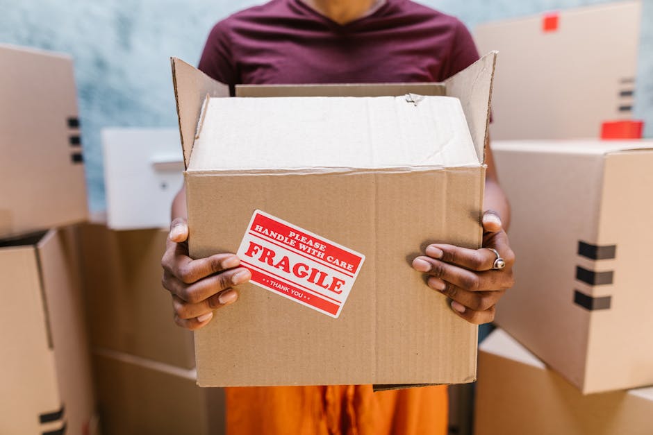 Two professional movers from Dagenham Man and Van are inside a well-lit room with large arched windows, preparing for a home relocation. One mover, an African man with curly hair and a beard, is holdi
